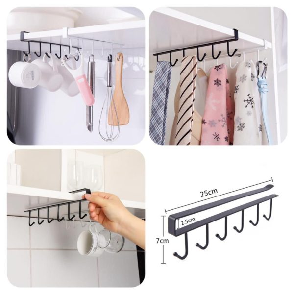 6-hook Under-the-shelf Mug Rack Kitchen Hanging Organizer